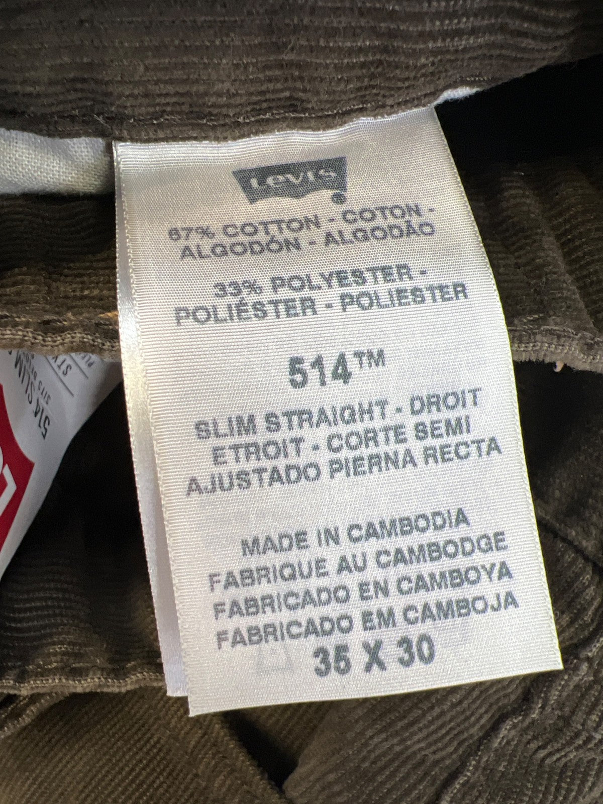 Levi’s Men’s Brown 514 Slim Straight Corduroy Jeans - 35x30