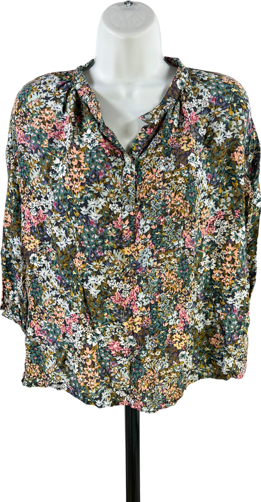 J.Jill Women’s Green/Blue Floral 3/4 Sleeve Pullover Blouse - XS