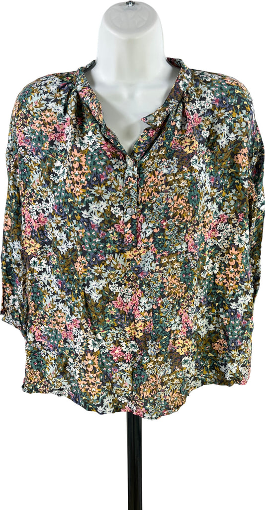 J.Jill Women’s Green/Blue Floral 3/4 Sleeve Pullover Blouse - XS
