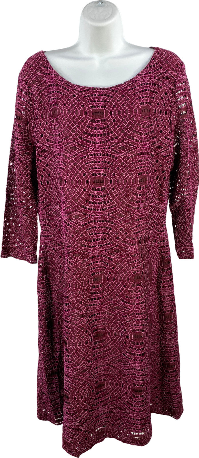 Alex Marie Women’s Purple/Burgundy Crochet Lined 3/4 Sleeve A-Line Dress - L