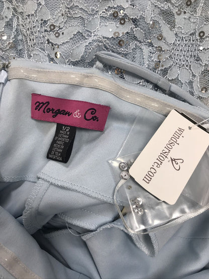 NEW Morgan & Co Women's Blue Lace Sequin Sleeveless Prom Dress Sz 1/2