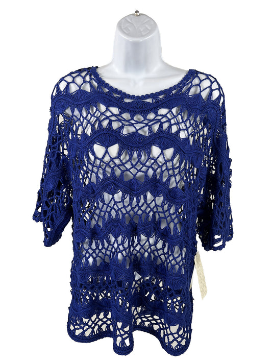 NEW Chico's Women's Blue Open Crochet Knit Short Sleeve Sweater - 2/L