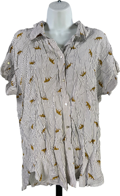 Jane and Delancey Women’s White Leopard Print Short Sleeve Button Up Blouse - XL