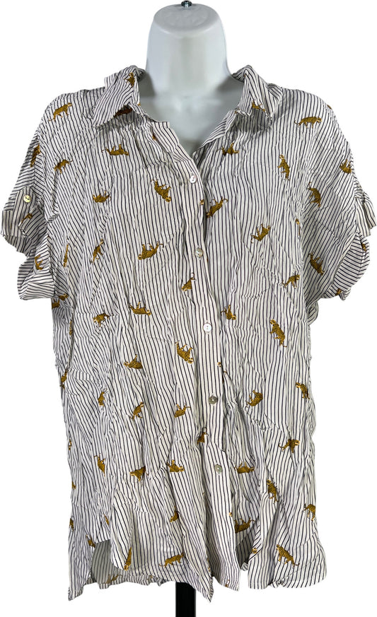 Jane and Delancey Women’s White Leopard Print Short Sleeve Button Up Blouse - XL