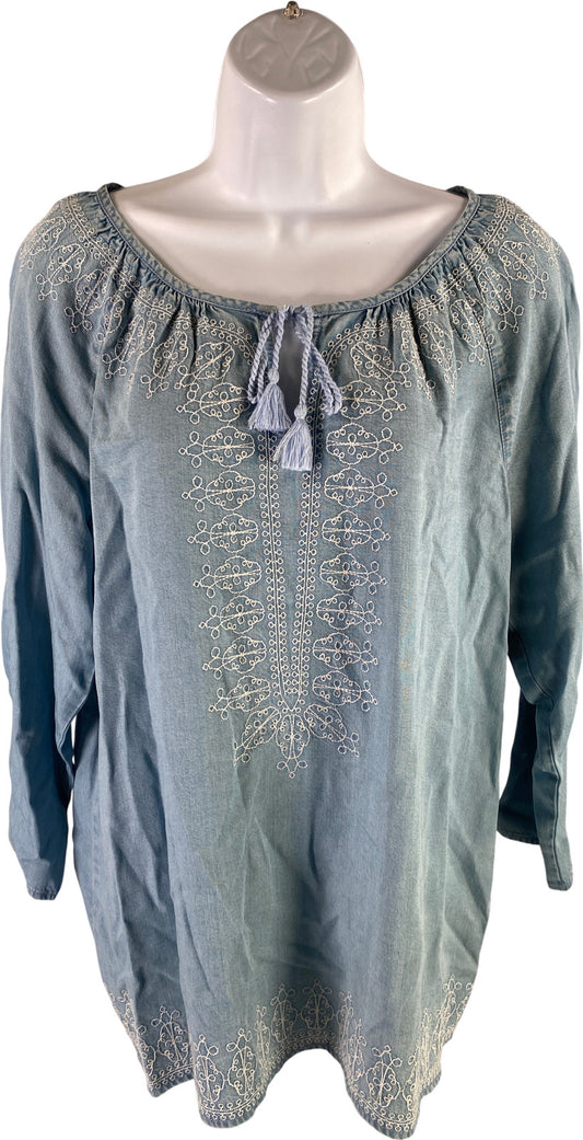J.Jill Denim Women’s Blue Chambray Embroidered 3/4 Sleeve Blouse - M
