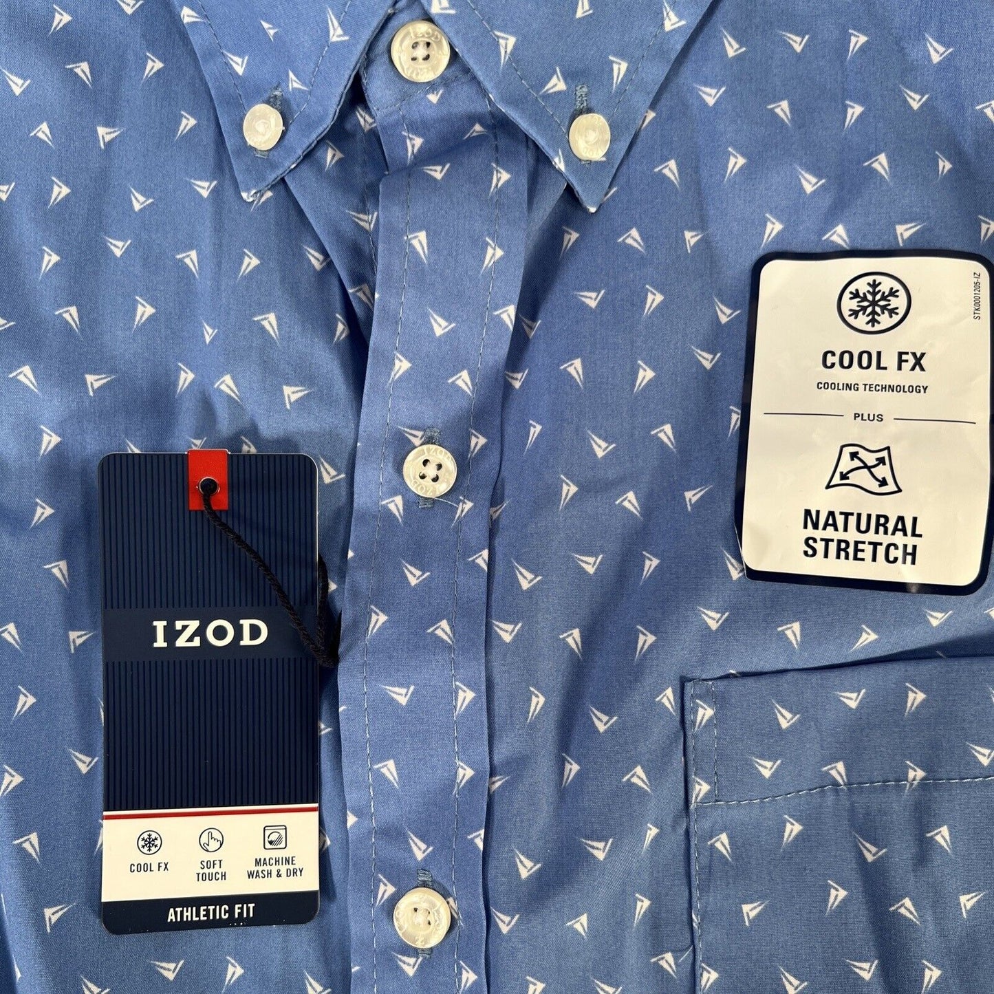 NUEVO Camisa con botones de ajuste atlético con estampado de velero azul de Izod para hombre - L