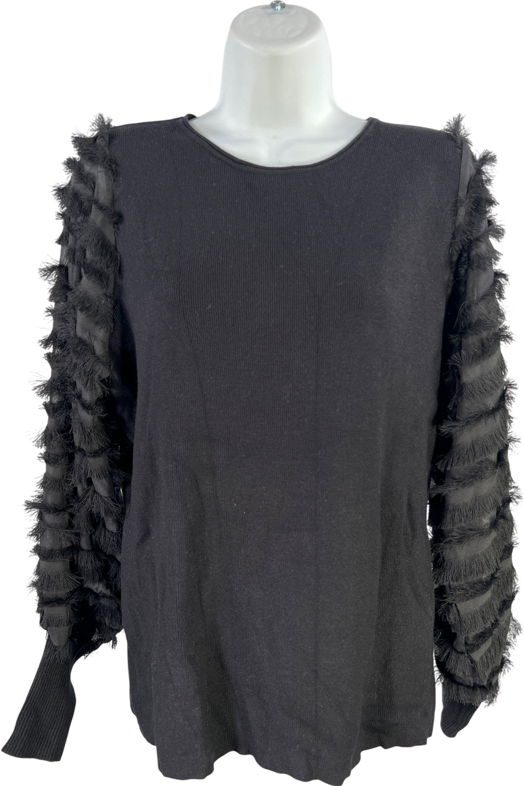 Sioni Milano Women’s Black Semi Sheer Fringe Sleeve Sweater - M