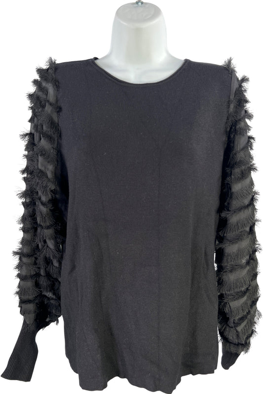 Sioni Milano Women’s Black Semi Sheer Fringe Sleeve Sweater - M
