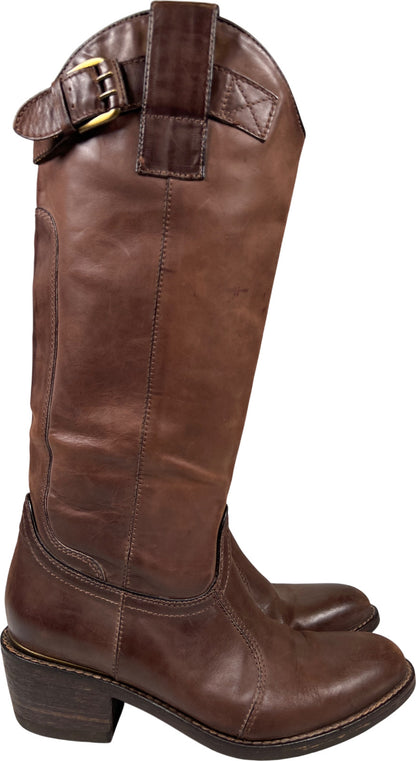 Janet and Janet Women’s Brown Leather Heeled Fashion Western Boots - 38/US 7