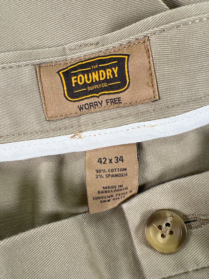 Foundry Men’s Beige Comfort Stretch Wrinkle Free Flat Front Chino Pants - 42x34