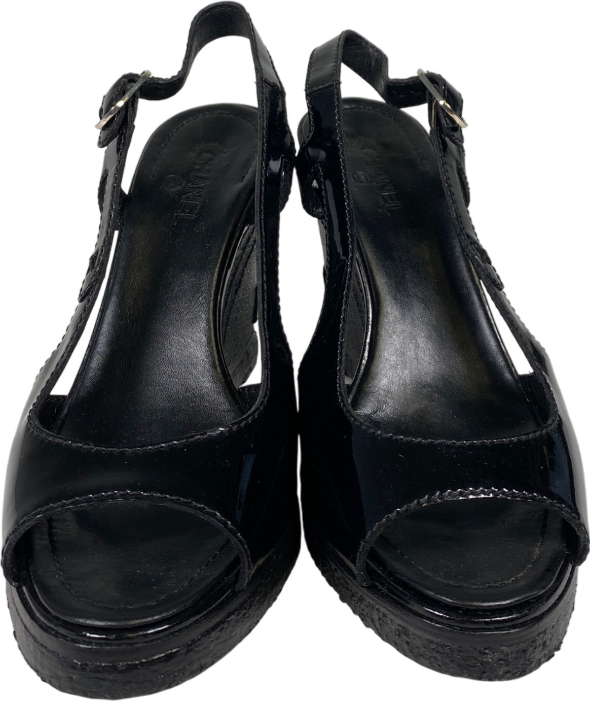 CHANEL Women’s Black Patent Leather Open Toe Wedge Sandals - 36/US 5.5