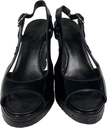 CHANEL Women’s Black Patent Leather Open Toe Wedge Sandals - 36/US 5.5