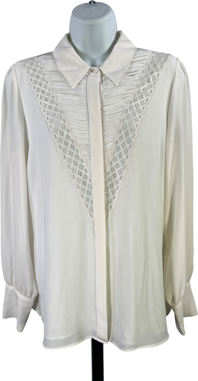 White House Black Market Women’s White/Ivory Lace Front Button Up Blouse - S