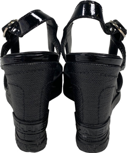 CHANEL Women’s Black Patent Leather Open Toe Wedge Sandals - 36/US 5.5