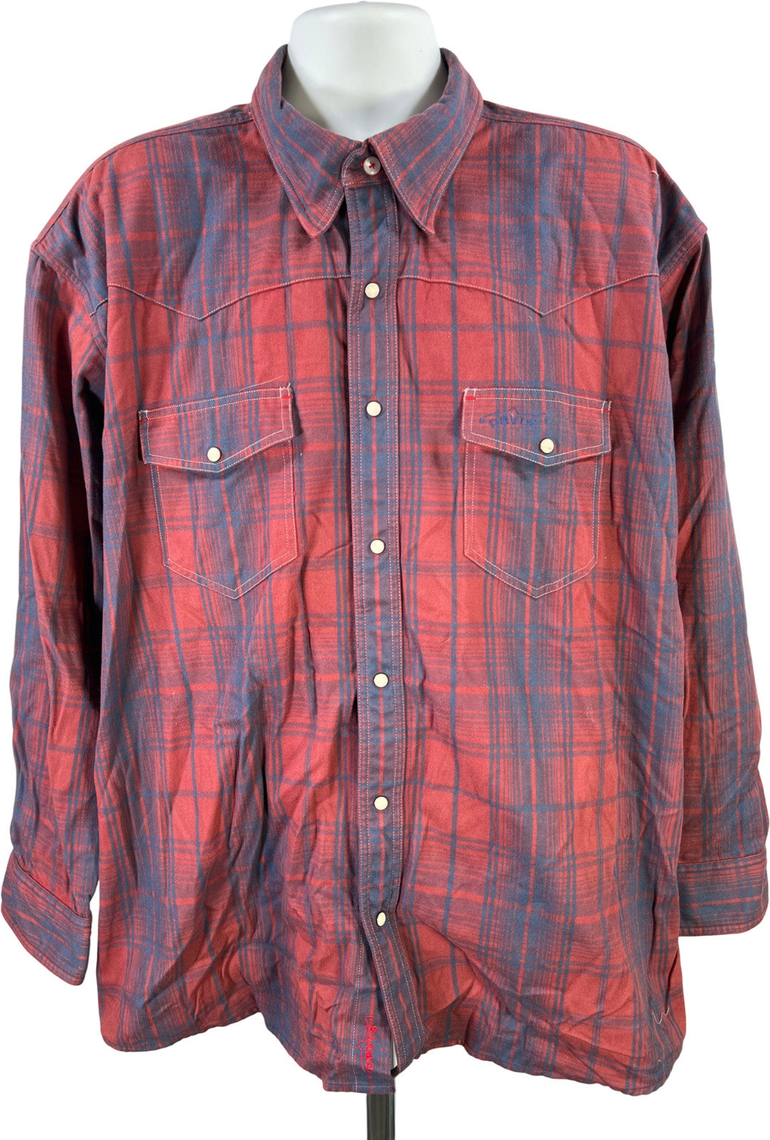 Orvis Men’s Red/Blue Plaid Trout Bum Long Sleeve Snap Button Up Shirt - XXL