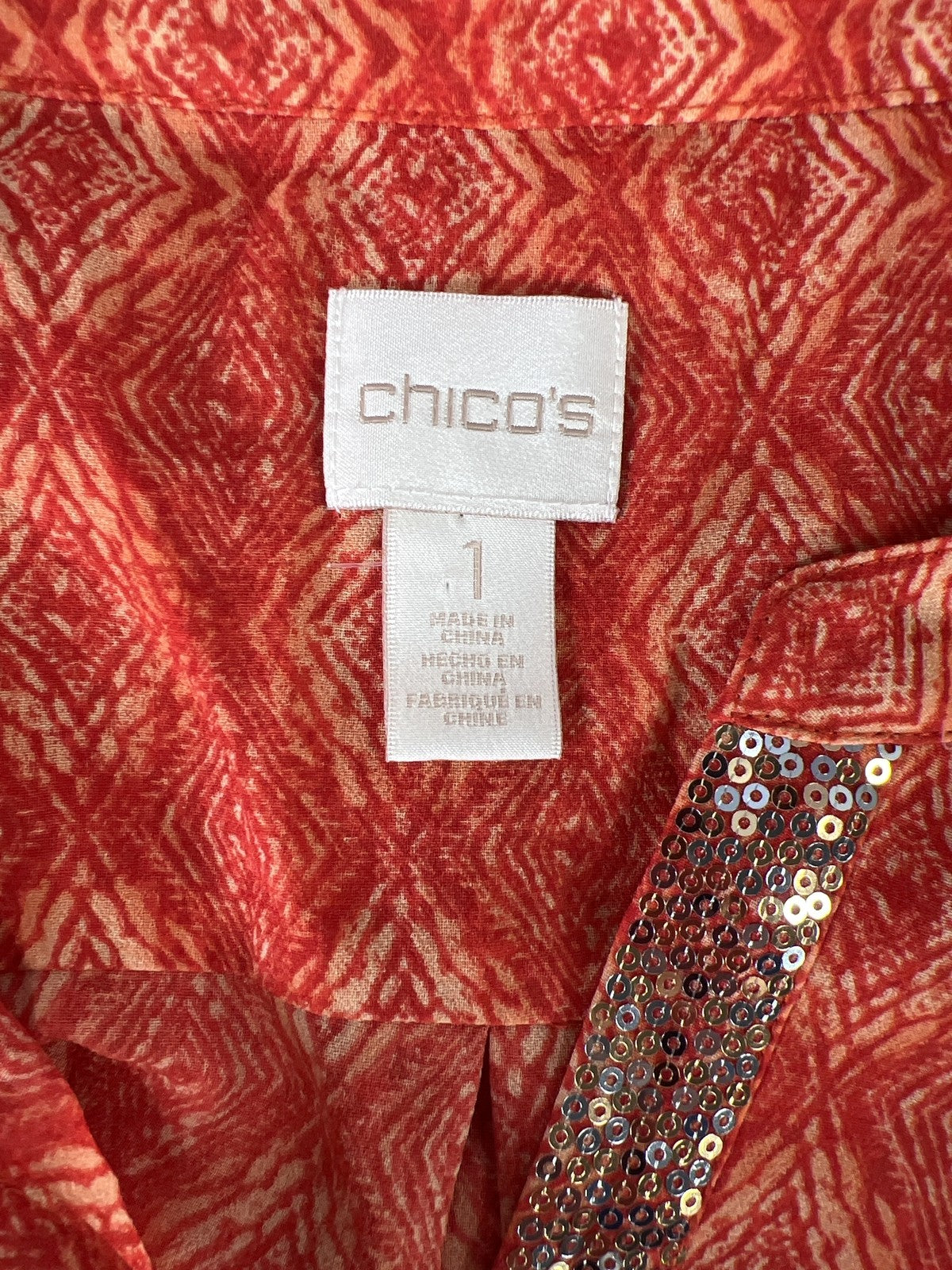 Chico’s Women’s Orange Sequin Font 3/4 Sleeve Pullover Blouse - 1/US M