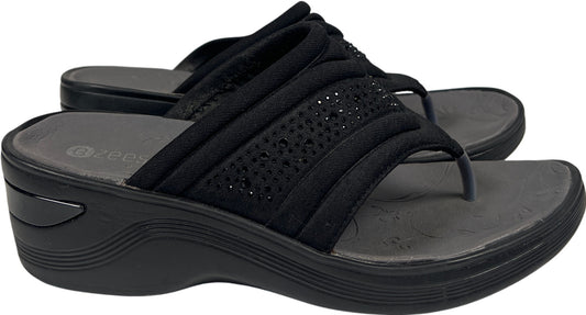 Bzees Women’s Black Rhinestone Dazzle Me Wedge Flip Flops - 8