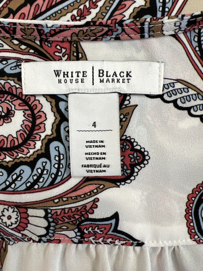 White House Black Market Women’s White/Red Ruffle Front Long Sleeve Blouse - 4