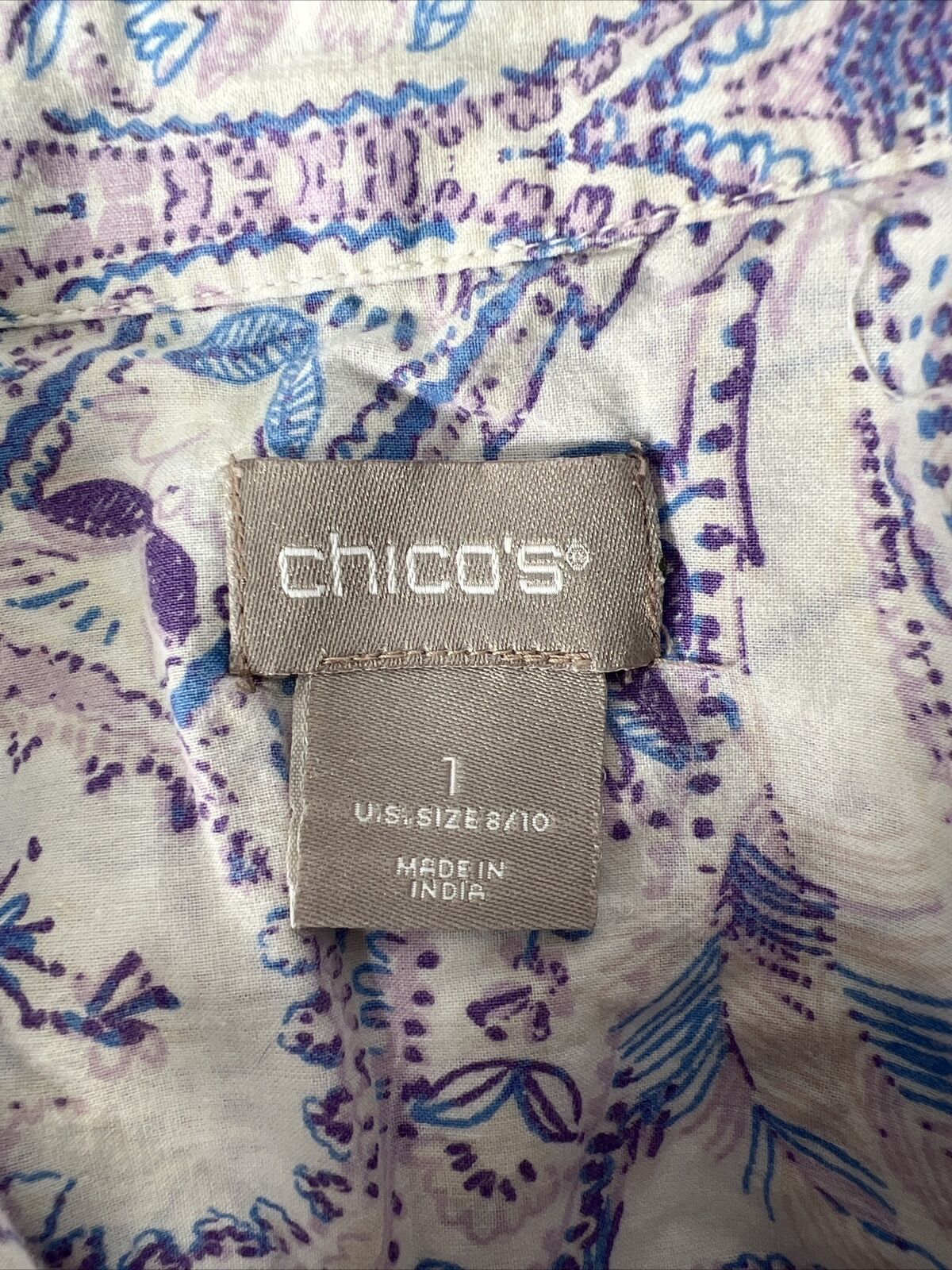 Chico's Women's Purple/White Paisley Roll Sleeve Button Up Shirt - 1/US 8