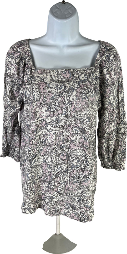 J.Jill Women’s Gray/White Paisley 3/4 Sleeve Smocked Square Neck Shirt - XS