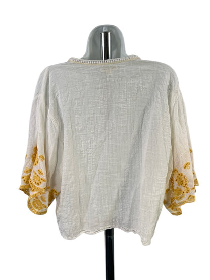 Max Studio Women's White/Yellow Short Eyelet Sleeve Tie Front Blouse - L