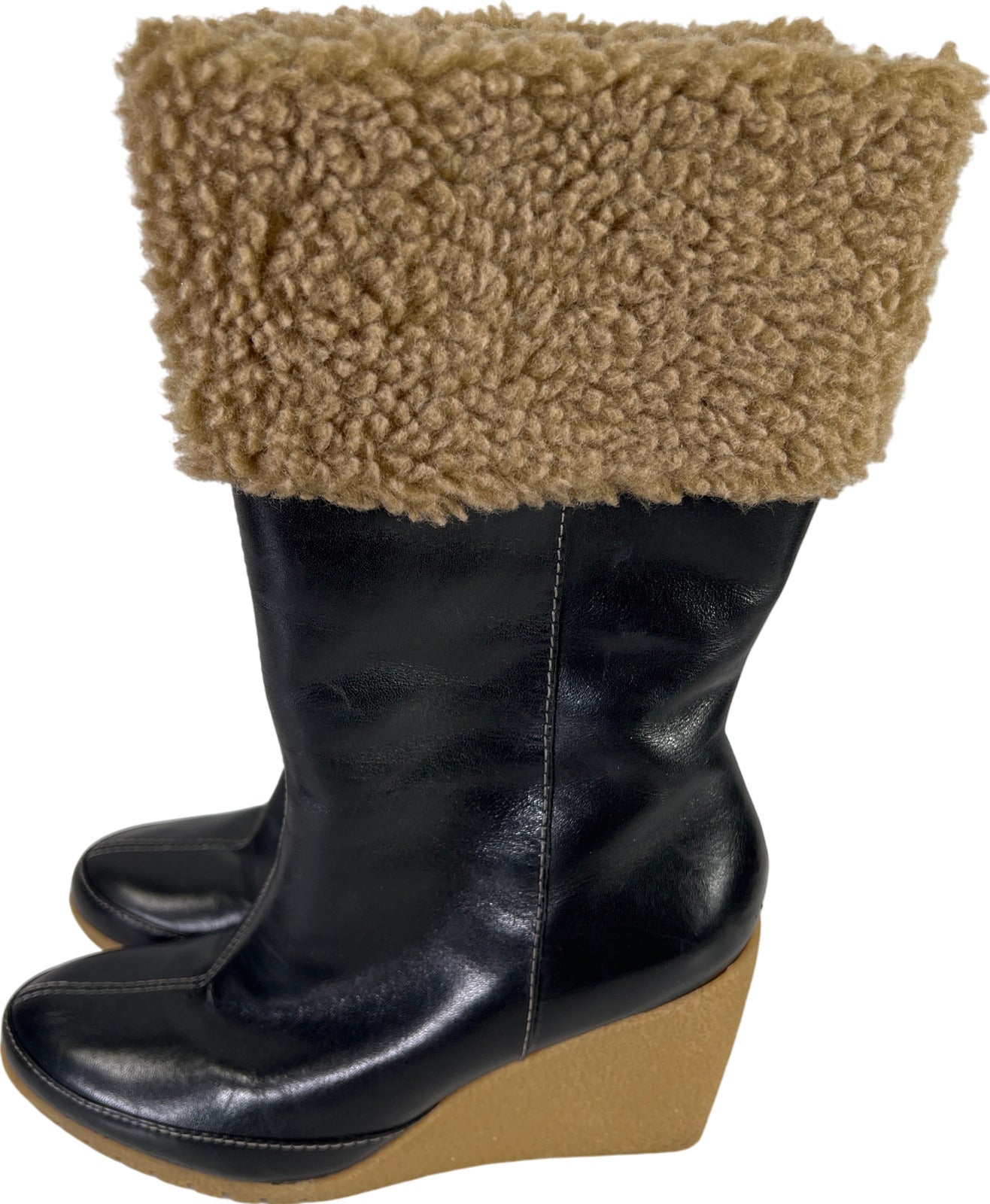 Easy Spirit Women’s Black Leather Faux Fur Side Zip Wedge Mid Calf Boots - 6