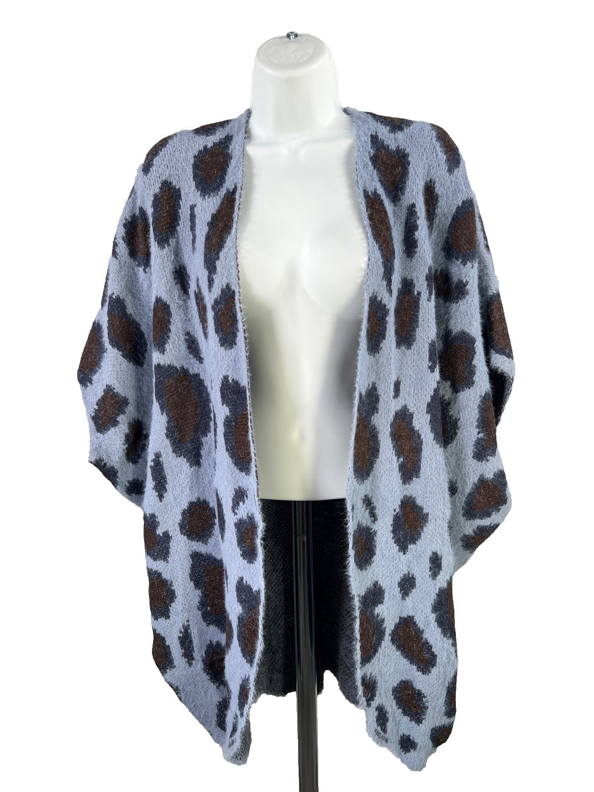 Umgee Women’s Blue Animal Print Short Sleeve Fuzzy Cardigan Sweater - S