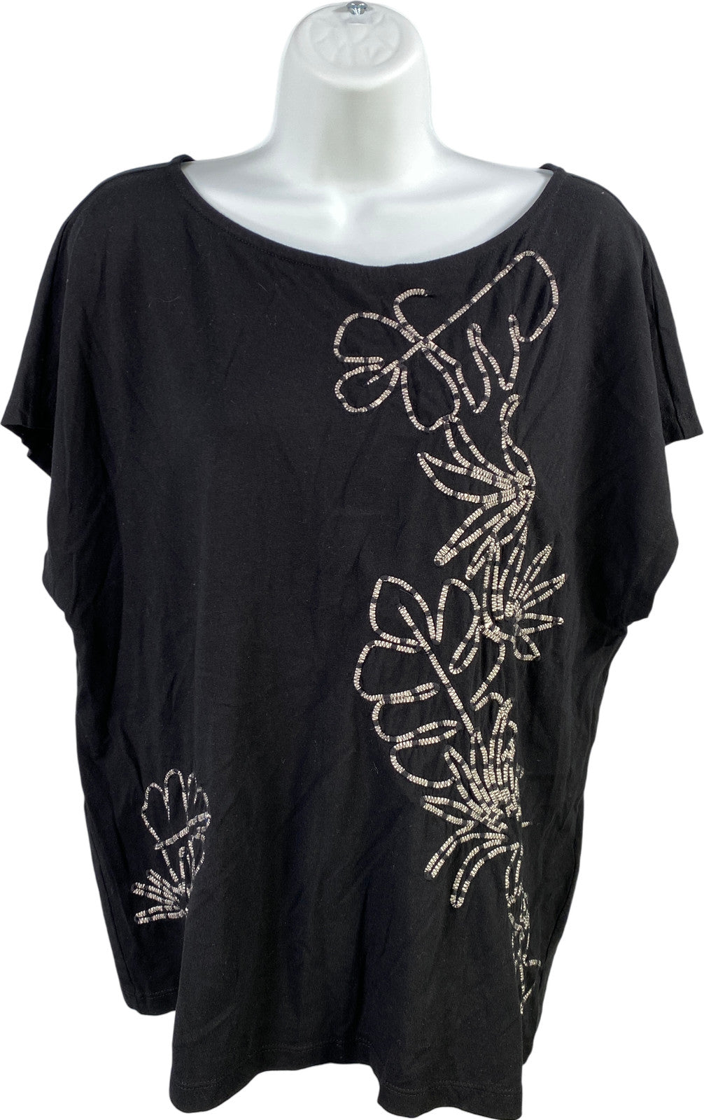 Chico’s Women’s Black Embroidered Cap Sleeve T-Shirt - 2/US L