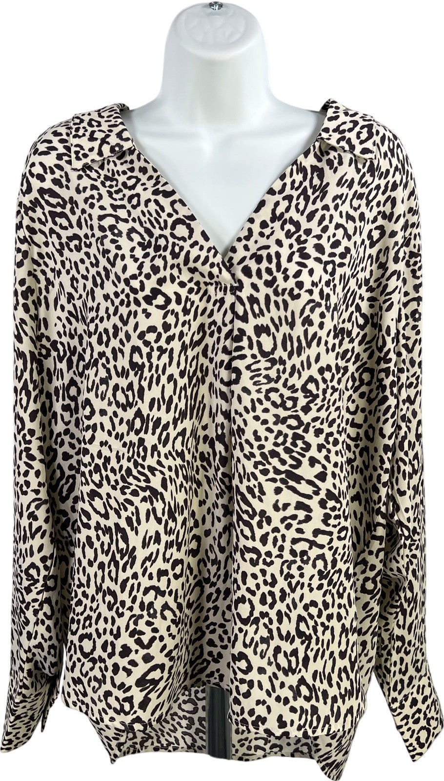 Sanctuary Women’s White/Brown Animal Print V-Neck Long Sleeve Blouse - L