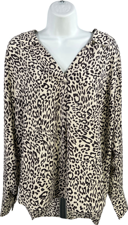 Sanctuary Women’s White/Brown Animal Print V-Neck Long Sleeve Blouse - L