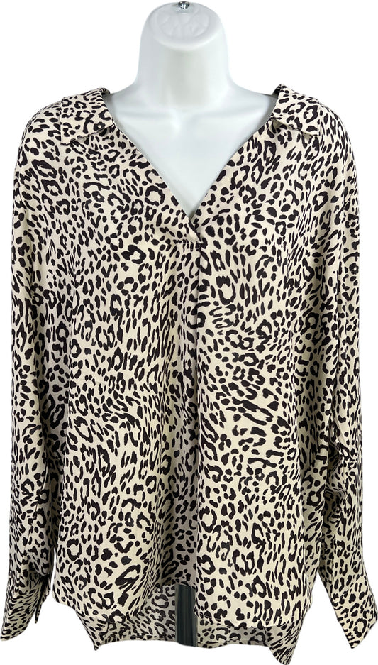 Sanctuary Women’s White/Brown Animal Print V-Neck Long Sleeve Blouse - L