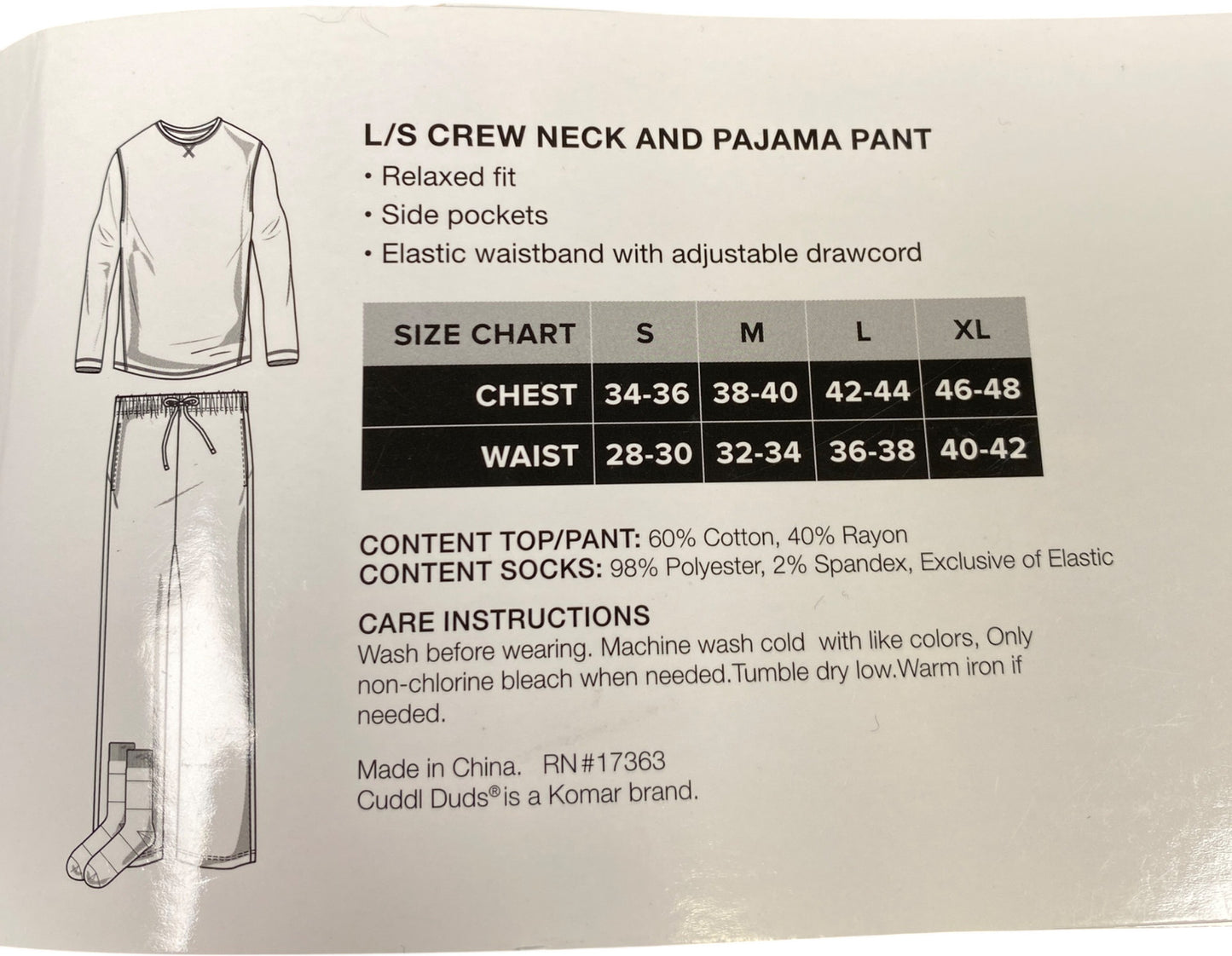 Cuddl Duds Men’s Blue Classic Sleep Set Long Sleeve Pajama Set - M