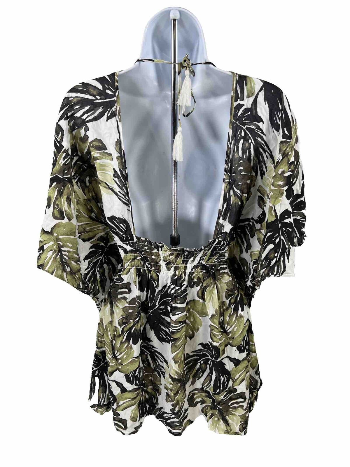 Abercrombie and Fitch Women's Green Palm Print Open Back Boho Top - XS/S