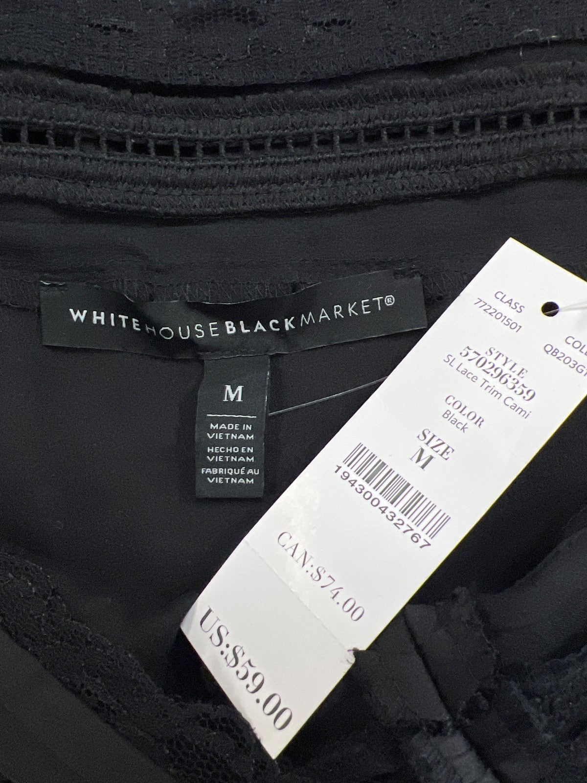 White House Black Market Women’s Black Lace Trim Cami Tank Top - M