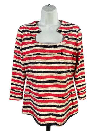 Lafayette 148 Women's Pink/Beige Striped 1/2 Sleeve Shirt - M