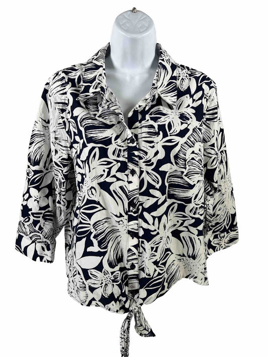 Chico's Women's White/Blue Floral 3/4 Sleeve Wrinkle Resistant Blouse - 3