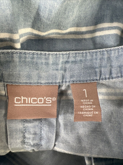 Chico's Camisa con botones de manga enrollada a rayas azul/blanco para mujer - 1/US M