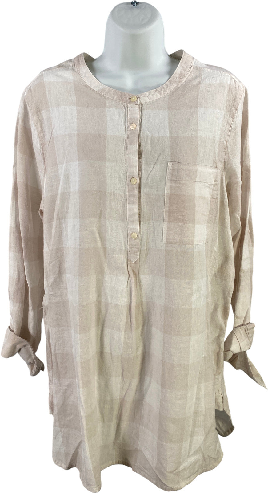 Old Navy Women’s Beige/Ivory Plaid Linen Tunic Blouse - L