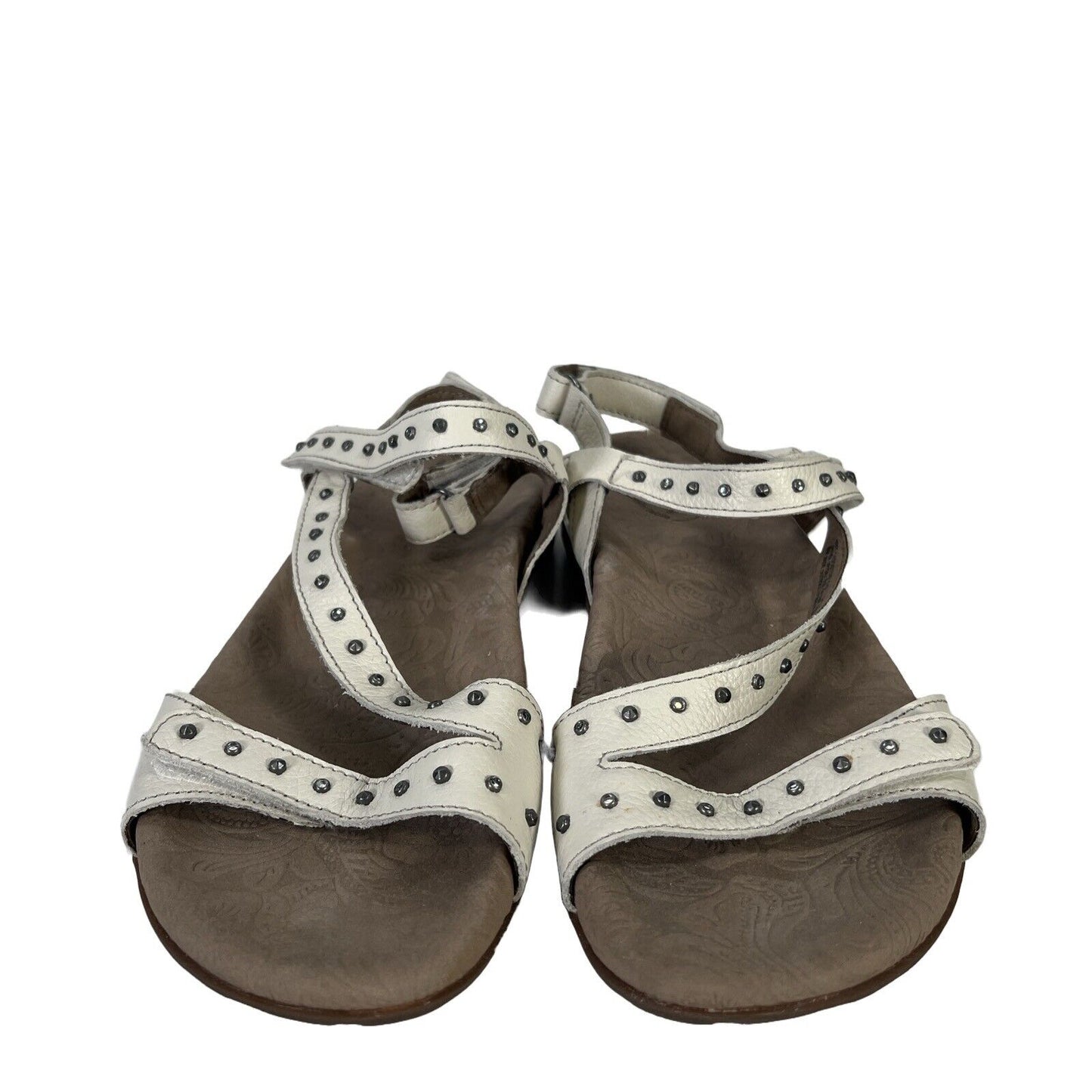Taos Women's White Studded Leather Ankle Strap Sandals - 10