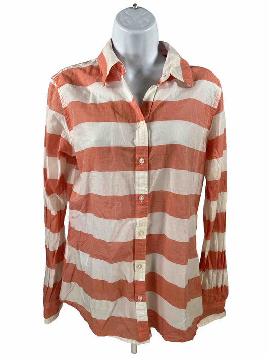 Banana Republic Women's Coral Orange Striped Soft Wash Shirt - M