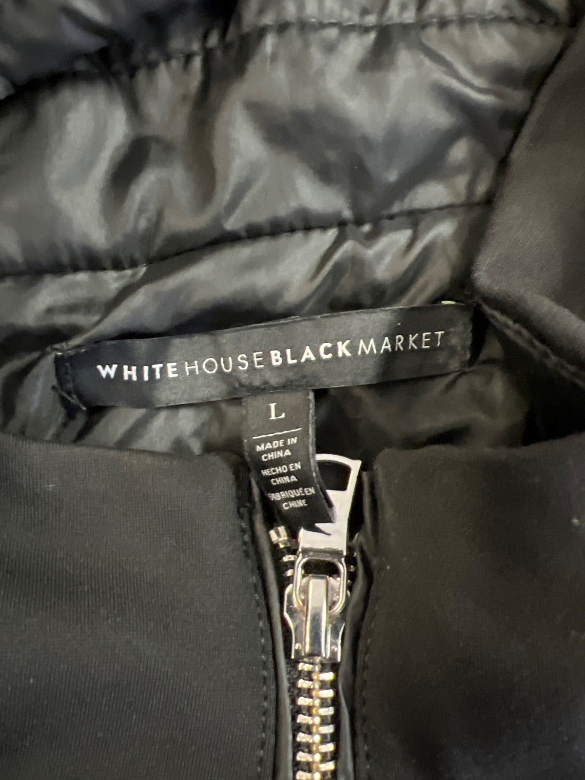 White House Black Market Women’s Black Quilted Hooded Full Zip Vest - L