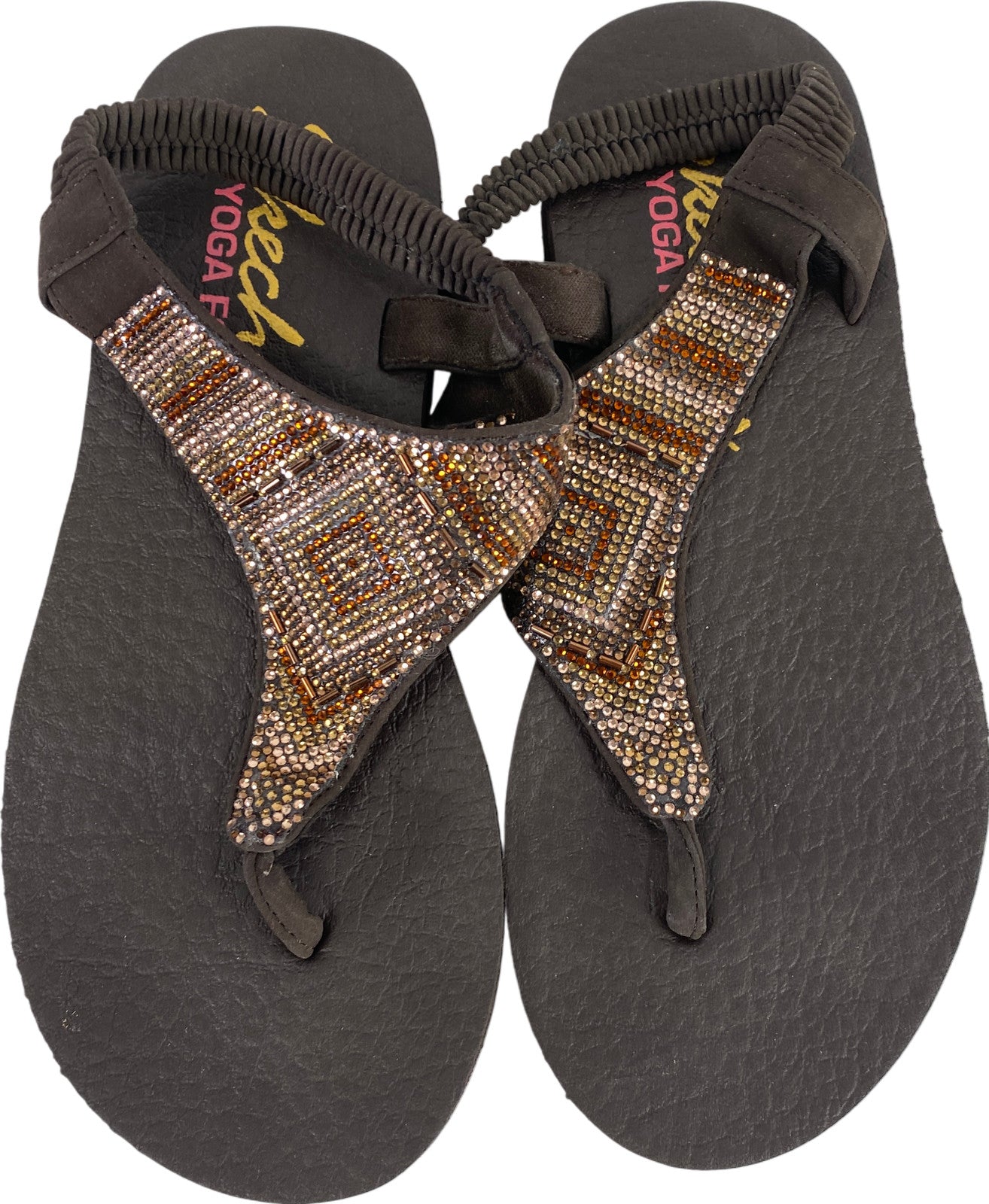 Skechers Women’s Brown Rhinestone Meditation Gypsy Slingback Flip Flops - 6