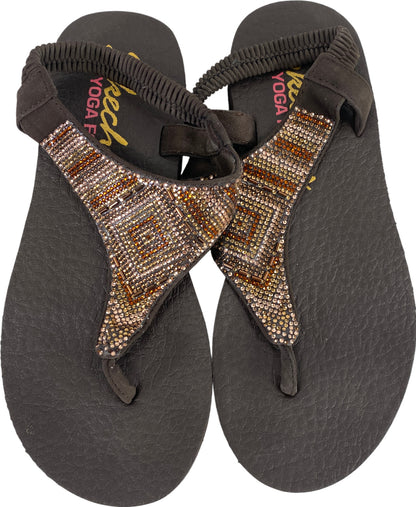 Skechers Women’s Brown Rhinestone Meditation Gypsy Slingback Flip Flops - 6