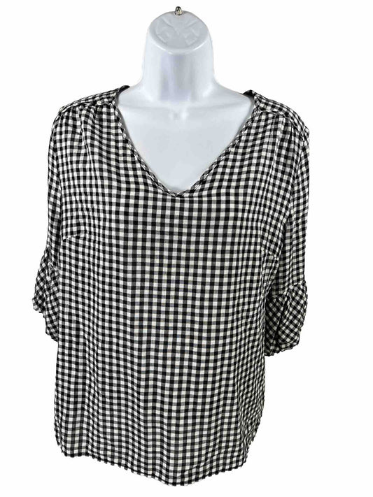 Chico's Women's White/Black Checkered 3/4 Sleeve V-Neck Top - 0/US S