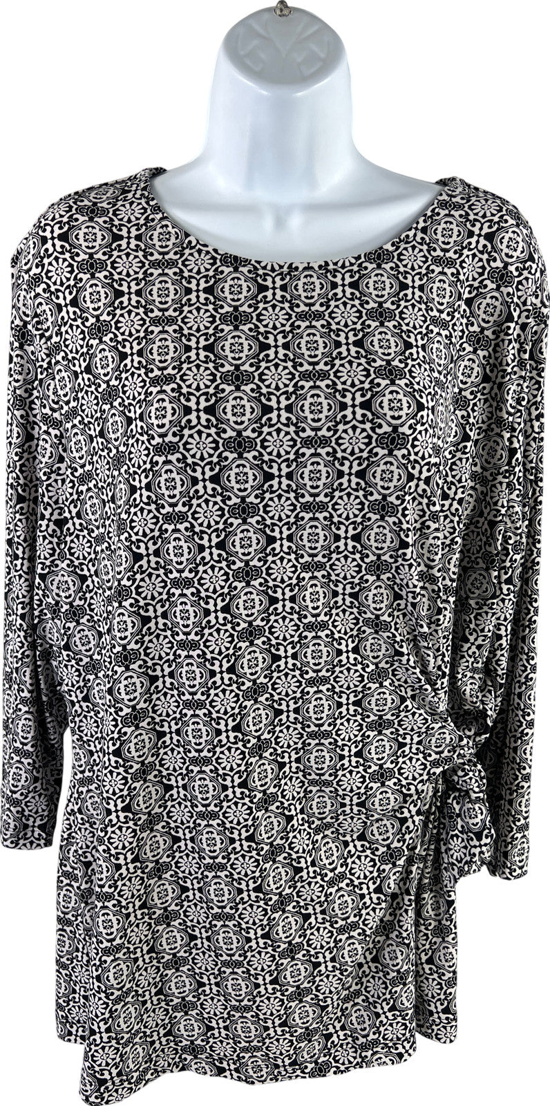 Chico’s Women’s Black/White 3/4 Sleeve Tie Side Blouse - 3/US XL