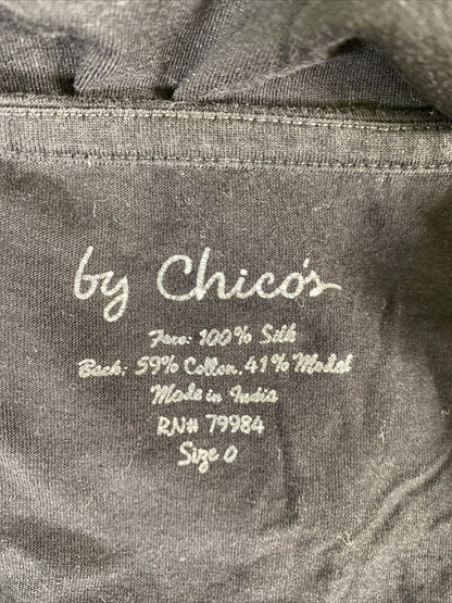 by Chico's Women's Black/White Short Sleeve V-Neck Silk Top Sz 0/S