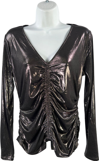Michael Kors Women’s Black Metallic Cinched Front V-Neck Shirt - M