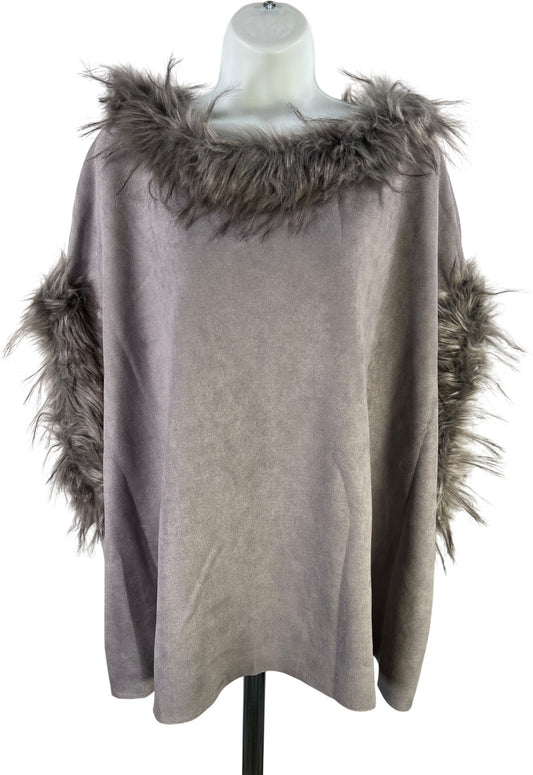 Love Token Women’s Gray Faux Fur Trim Poncho Sweater - M/L