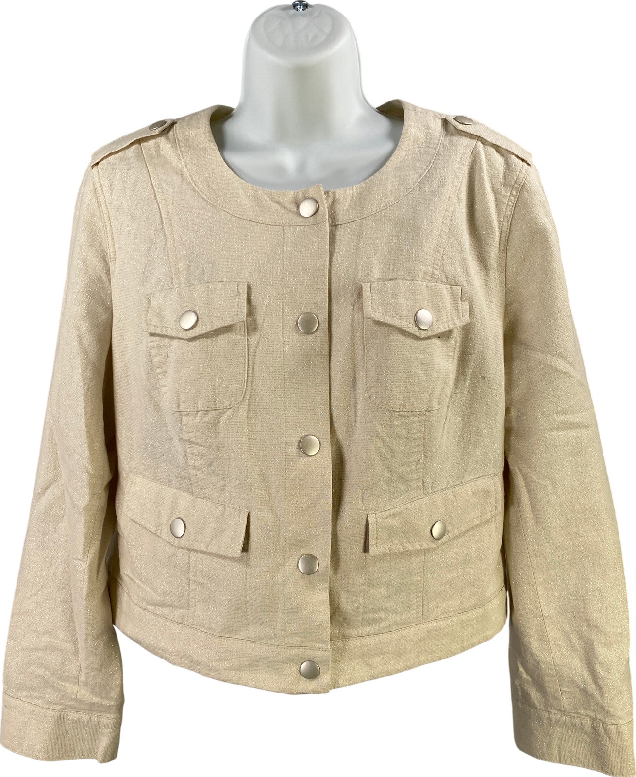 NEW Liz Claiborne Women’s Beige Metallic Long Sleeve Button Up Jacket - Petite L