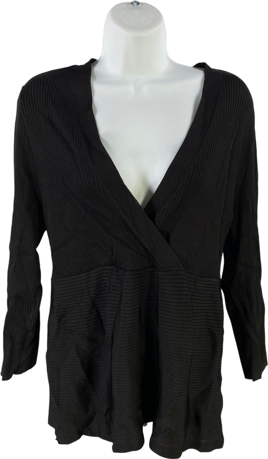 White House Black Market Women’s Black Ribbed 3/4 Sleeve V-Neck Sweater - XL